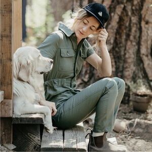 DESO Deep Sage Canvas Jumpsuit Homewood Coveralls size L Large Organic Cotton